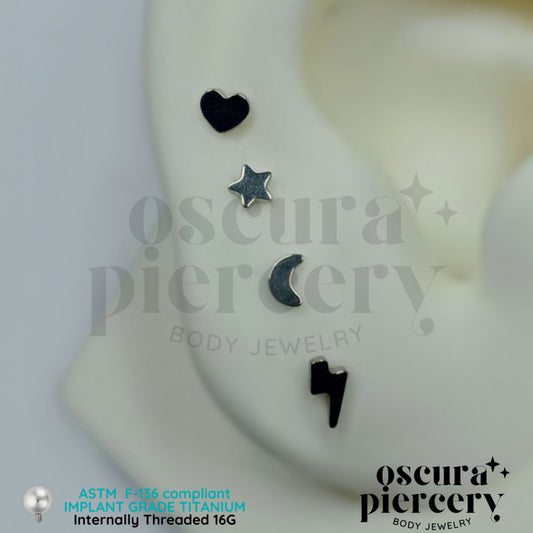 SHAPES | Moon | Star | Lightning | Heart | Implant Grade Titanium | Oscura Piercery